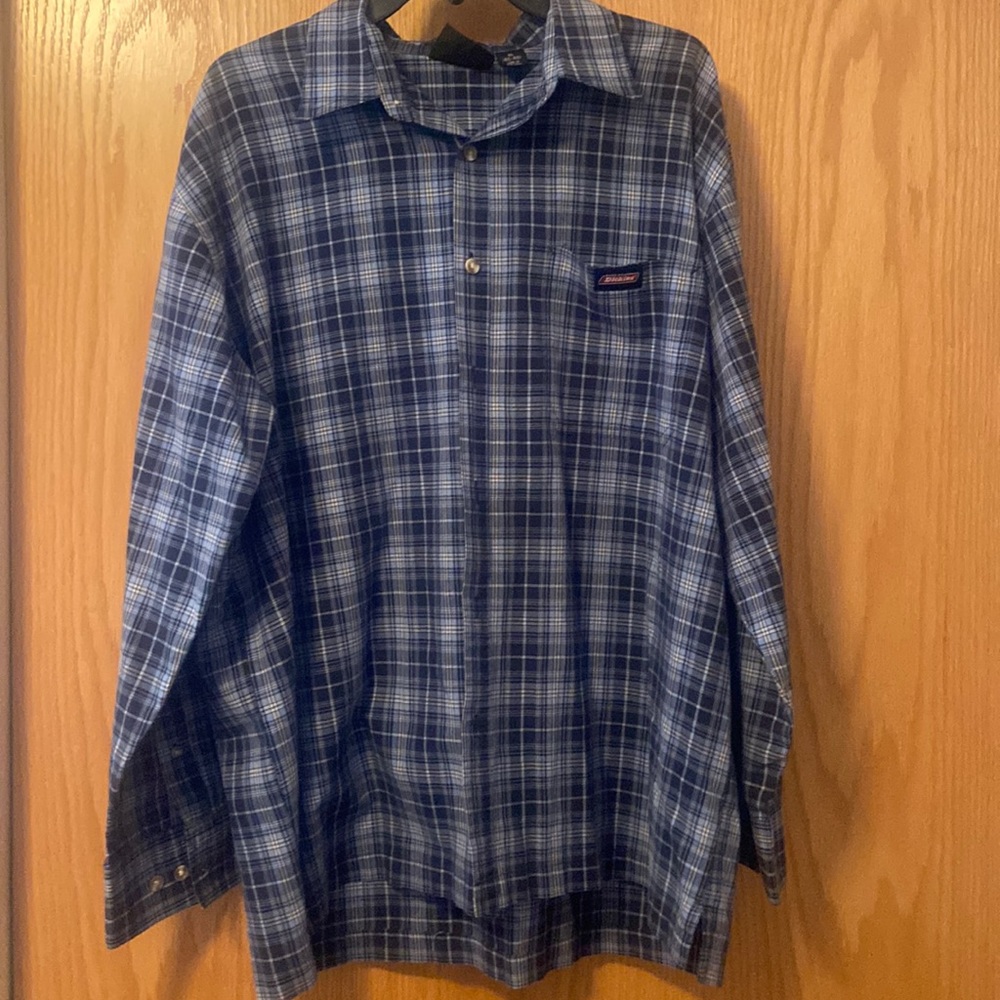 Men Dickies Plaid Blue Buttoned Down Long Sleeve Shirt Size XL